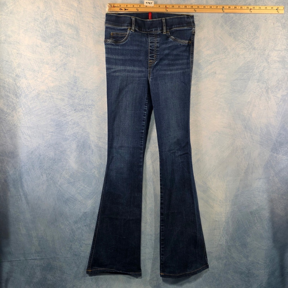 Spanx Flare Jeans Womens Small Dark Wash Blue Denim Pull On High Rise Flare Leg